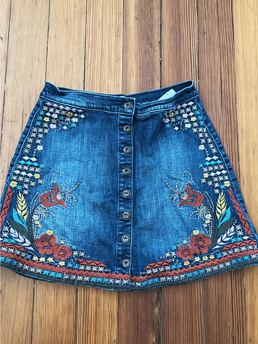 Embroidered Denim Button-Front Mini Skirt - Blue